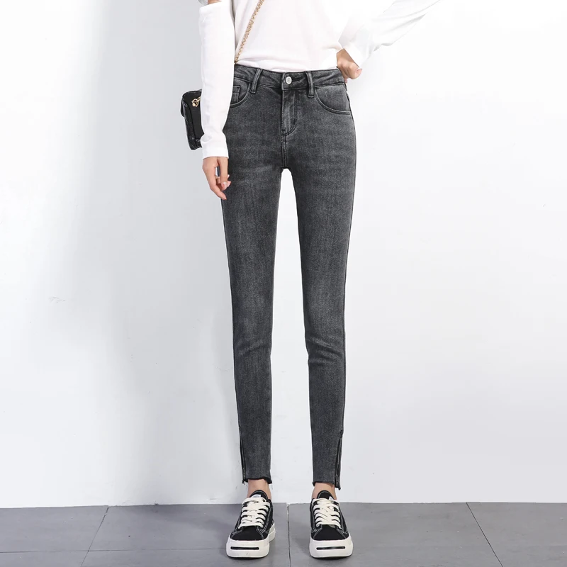 

2020 autumn and winter look thin all-match skinny smoky black color trimming feet high waist jeans women