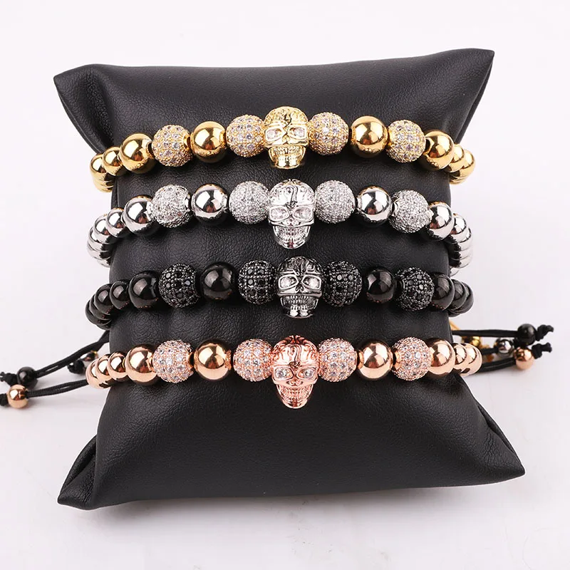 New Fashion Cubic Zirconia Skull Charm Stainless Steel Beads Custom Logo Luxury Macrame Bracelet for Men
