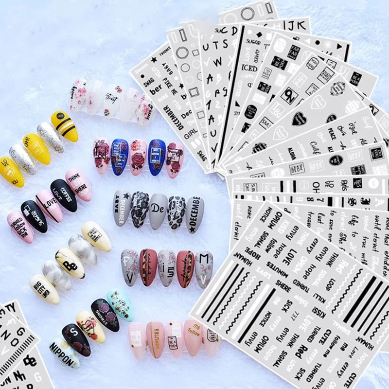 

Paso Sico Hot Sale Fashional Multi Design Black White English Letter Apphabet Nail Stickers Warps for DIY Nail Art Decoration