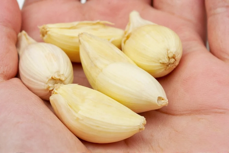 Chef's hand measuring minced garlic in a tablespoon with fresh garlic cloves nearby