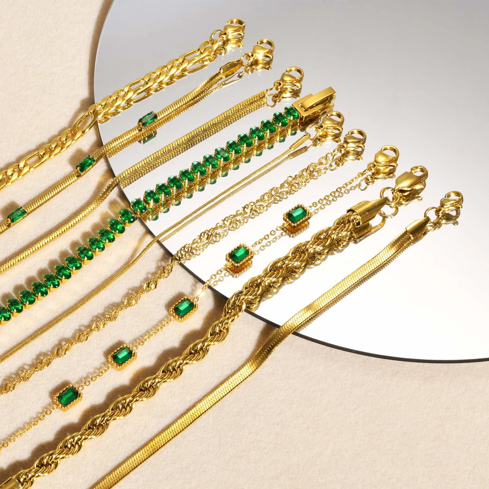 

Trendy Stainless Steel 18k Gold Tennis Emerald Zircon Twisted Cuban Chain Bracelet Women Adjustable Figaro Snake Bracelet Gift
