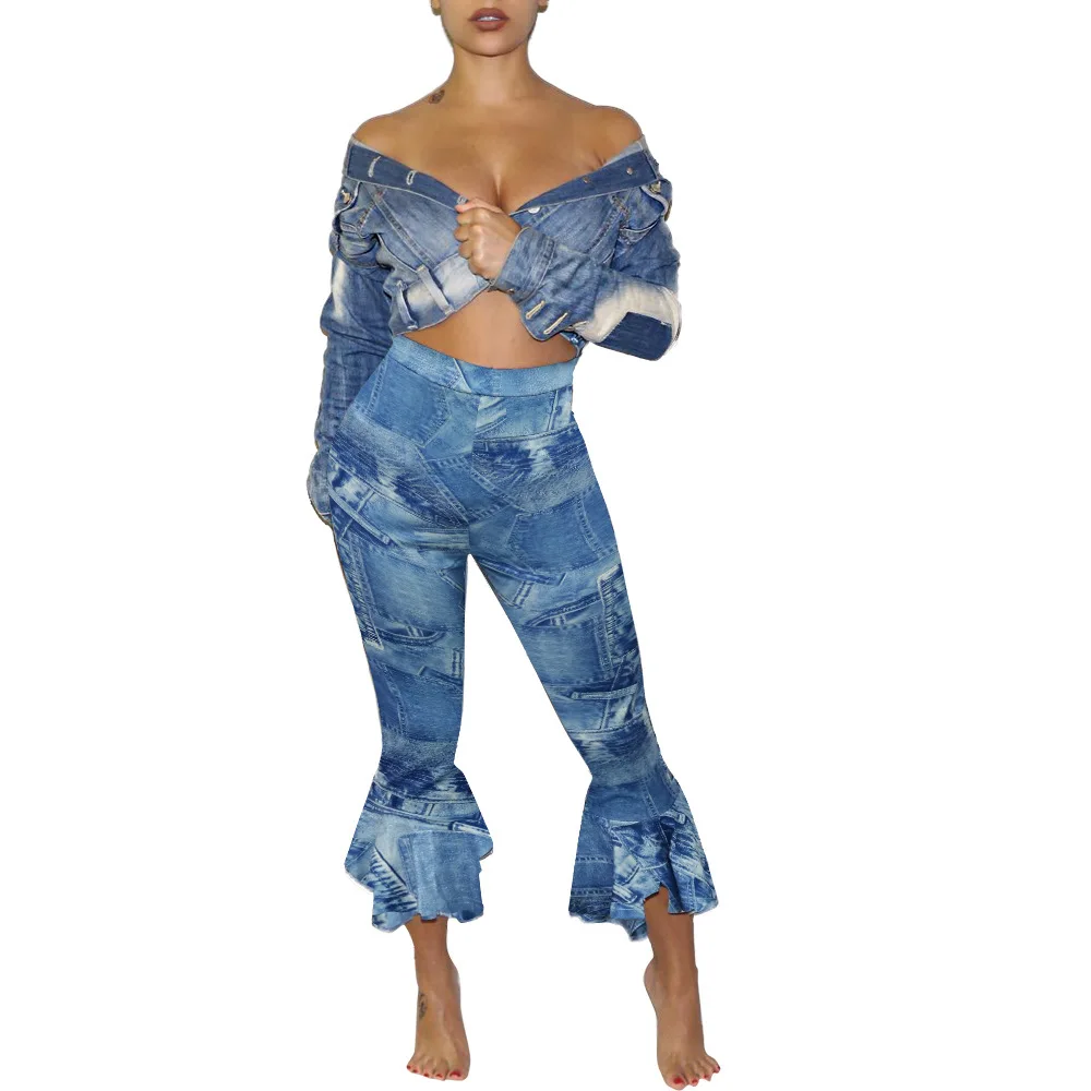 

New Design Skinny Ruffle Denim Washed Jeans Fashion Slim Fit High Waist Casual Digital Printed Women Summer Jeans, Customized color