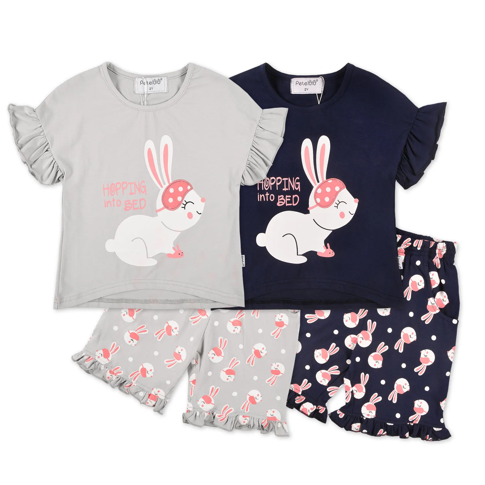 

Girls Comfy Ruffle Sleeve Pyjamas Children Clothes Rabbit Embroidery Kids Short Sleeve Summer Pajamas Opp Bag for Girls Animal