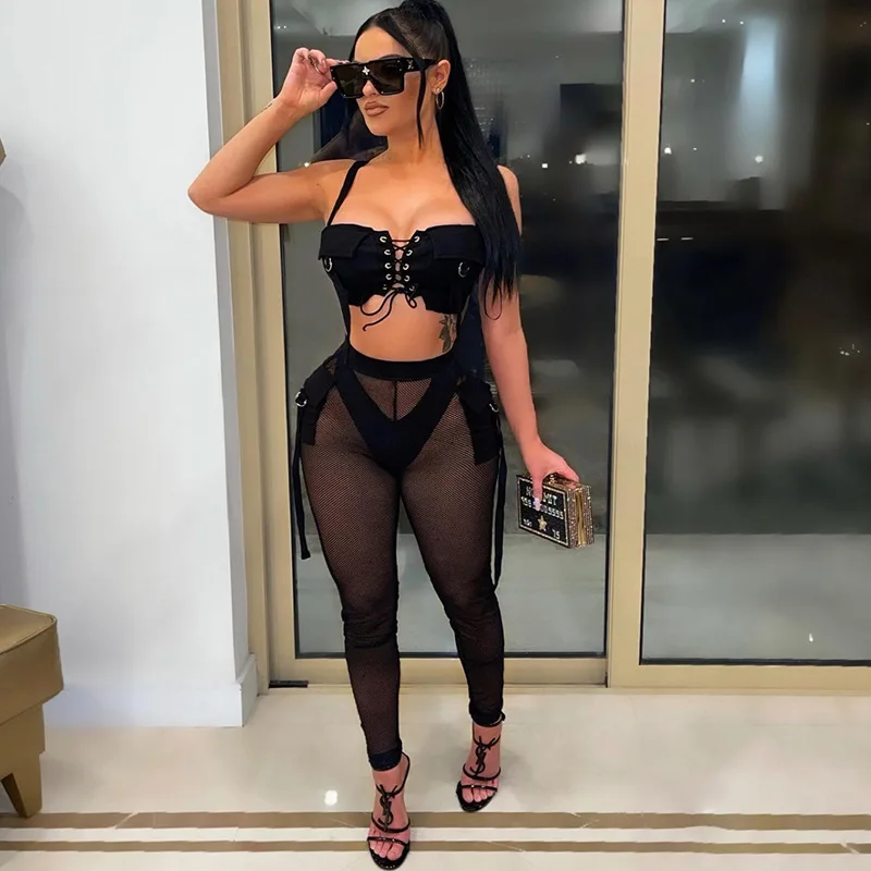 

Sexy Two Piece Set Women Ribbons Lace Up Crop Top Mesh See Through Pants Matching Women's Sets Club Active Wear C14525