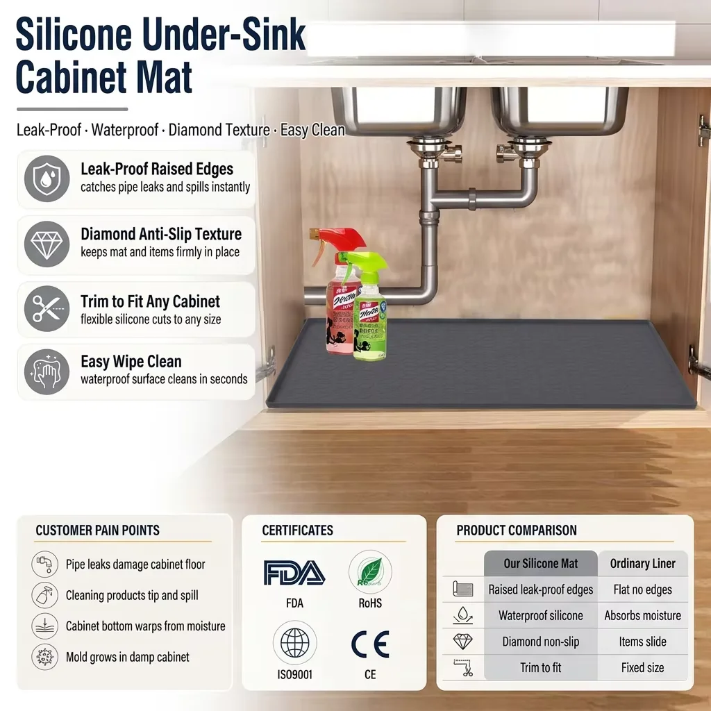 Custom Waterproof Kitchen Sink Mat with Drain Hole Anti-slip Kitchen Cabinet Protector Under Mat Sink Silicone Mat