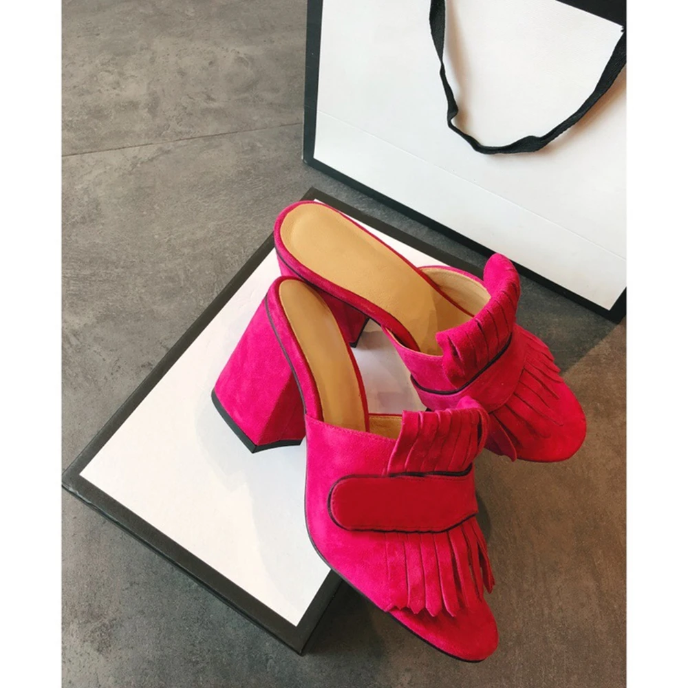 

Classic Women Fashion Designer Luxury Brand Shoes Tassel Round Toe Genuine Leather Square Heels Mules Colorful Slippers