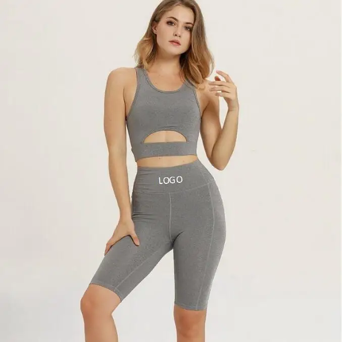 

High Quality Woman Hollow Out Sleeveless Solid Color Stitching Shorts Pants Suit Casual Yoga Sports Two Piece Set, As pictures