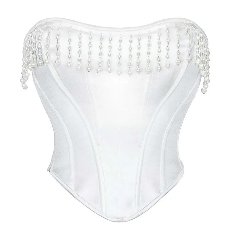 White Overbust Corset Strapless Bustier Crop Tube Top Pearl Tassel Korset