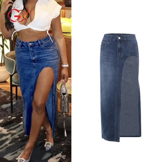 

GX23042 Unique Streetwear Vintage Fashion Ladies Split Casual Washed Jean Long Denim Women's Skirt