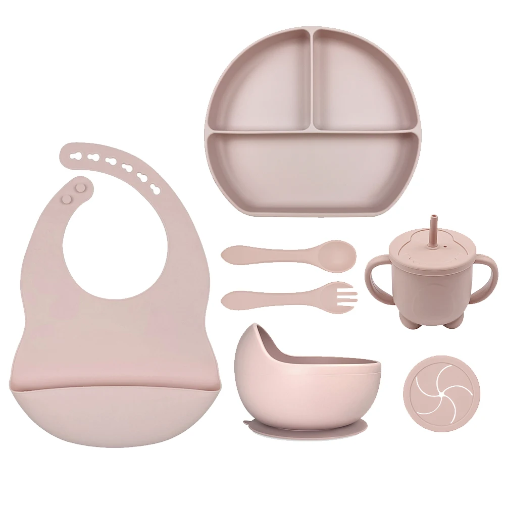 

Silicone Baby Feeding Set Silicon Bib Printed Suction Bowl Straw Cup Spoon and Fork Set Plate