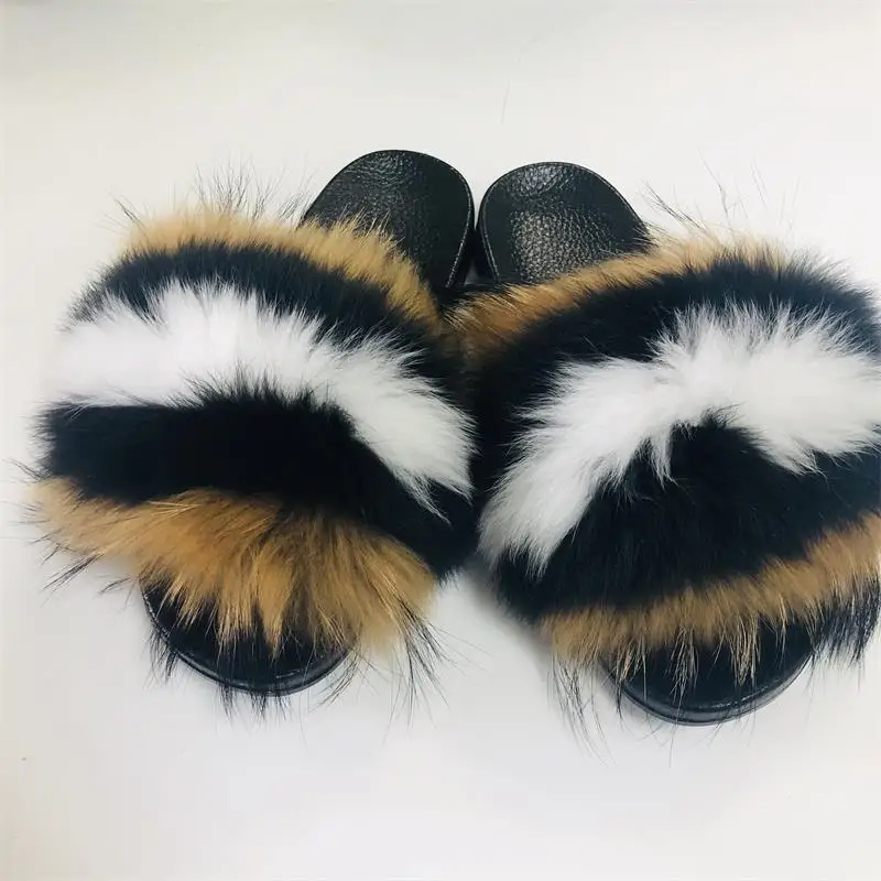 

Real Fox Racoon Fur Slipper 2021 Good Price Big Fur Slides wholesale kids and toddler fur slides slippers for women, Can be customized