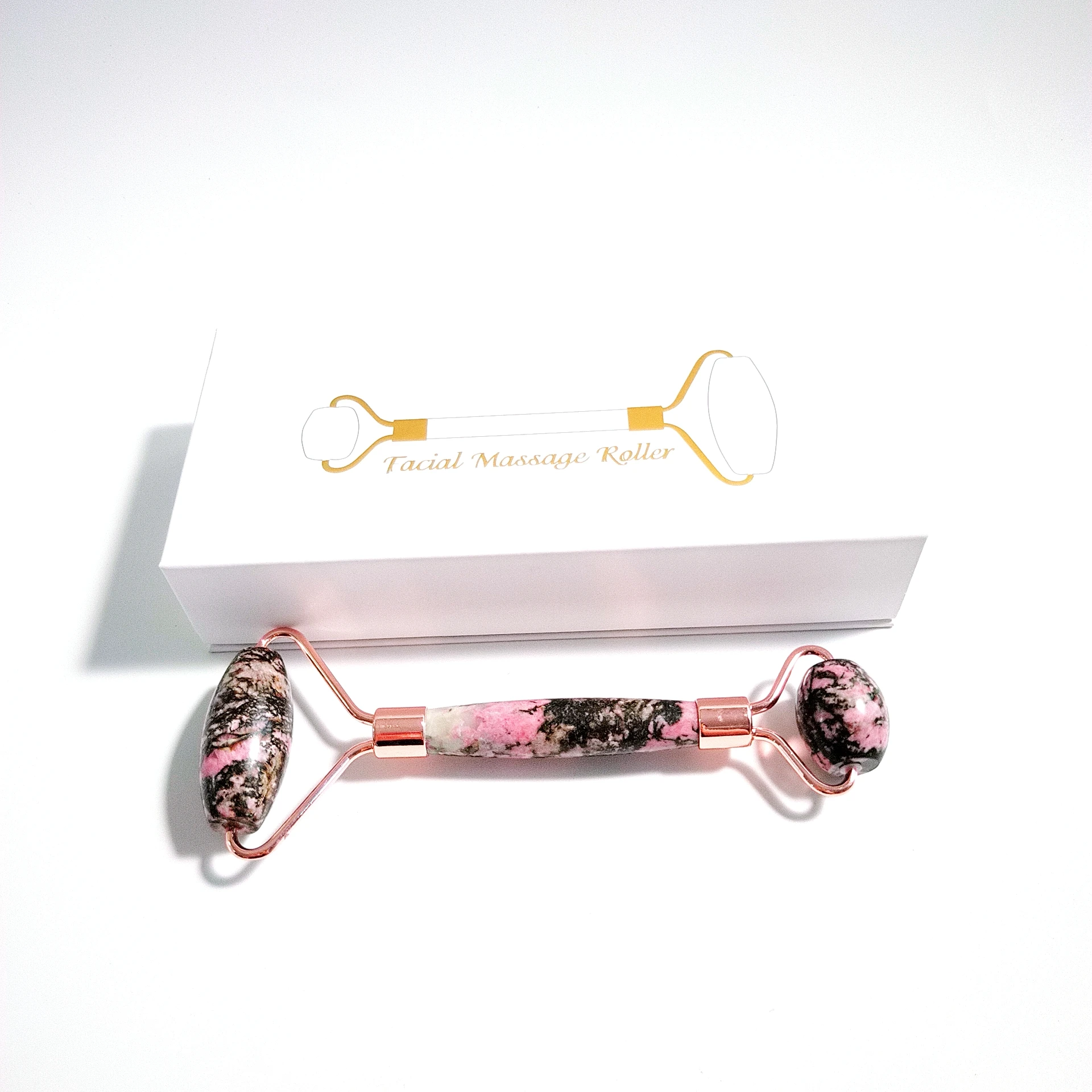 

Fashion design Natural Rhodonite Jade Roller Face Massager for Sale Rose Gold Facial Roller