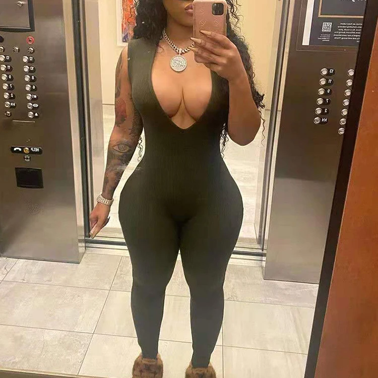 

Sexy Solid Deep V Neck Sleeveless Knitted Jumpsuit Women Knits Apparel Sleeveless Bodycon Jumpsuit 2021 New Arrivals -YS, Black,gray,green