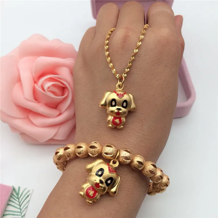 

Gold Plated Jewelry Set Brass Gilded Painted Cute Dog Bracelet Pendant Set Women'S Fashion Pendant Wholesale