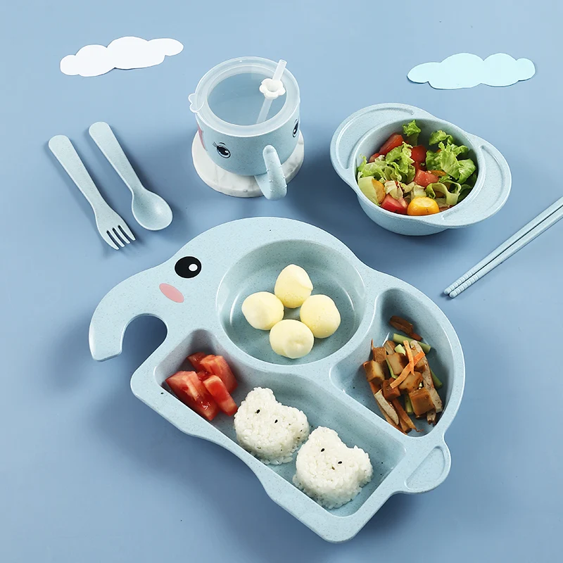 

Hot sale baby fruit dinner cartoon dishes plate set elephant design children wheat straw tableware set with spoon and bowl, Blue/pink/beige/green
