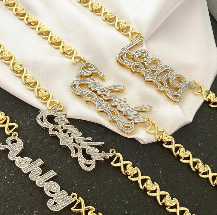 

Custom Personalized Surface Processed Nameplate XO Chain Necklace, Gold/silver