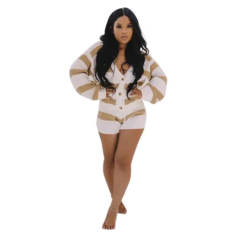 

WW-0931Deep V Sexy Color Matching Striped Sweater Pants Suit Winter Sweater Knit Fleece Shorts Set, Customized color