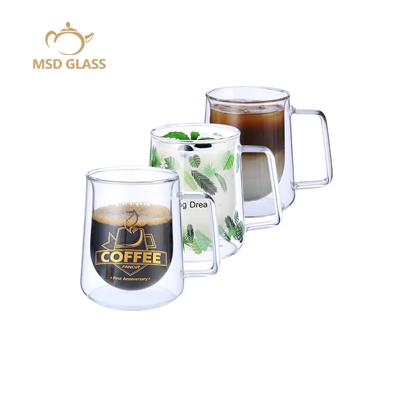 

wholesale 350ml reusable coffee cup 12oz borosilicate glass double wall cup with handle