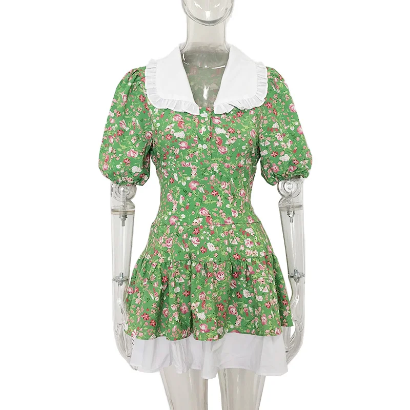 

Summer Printed Fashion Slim Mini Women Elegant Prairie Chic Puff Sleeve Dresses