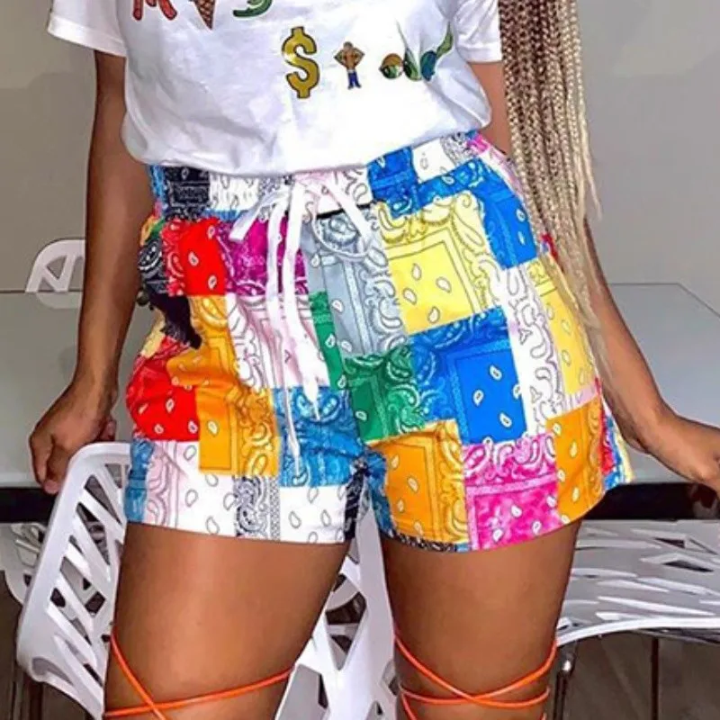 

2021 Summer Colorful Color Block Printed Beach Wear Loose Short Pants For Women Baggy Shorts Pant Womens Beachwear Wholesale, Pink,yellow