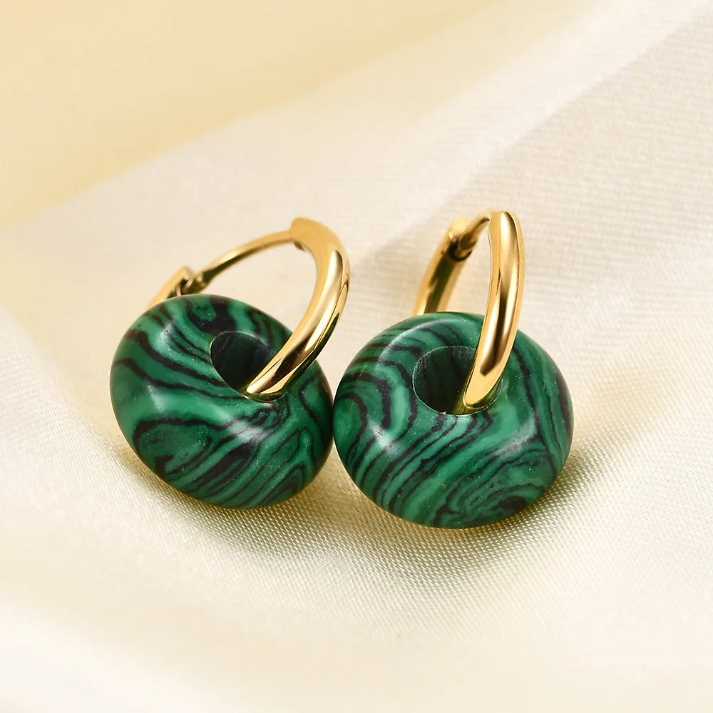 

HOVANCI Unique Stainless Steel Earrings For Women Simple Black Agate Malachite Hoop Earrings Jewelry