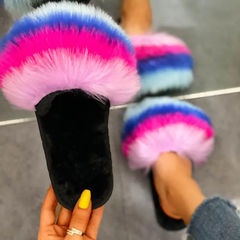 

Hot sale indoor and outdoor women's furry shoes 2021 new home autumn imitation fox fur plus size flat fur slippers furry sandal, Picture