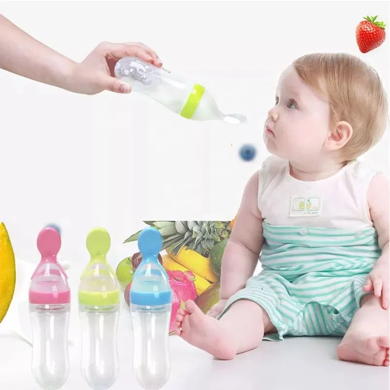 

90mL Children Food Rice Paste Spoon Silicone Baby Toddler Feeding Bottle with Spoon, Customized color