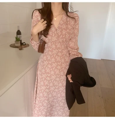 

Korean dress autumn and winter gentle wind floral V-neck floral dresses mid-length lace long-sleeved dress women