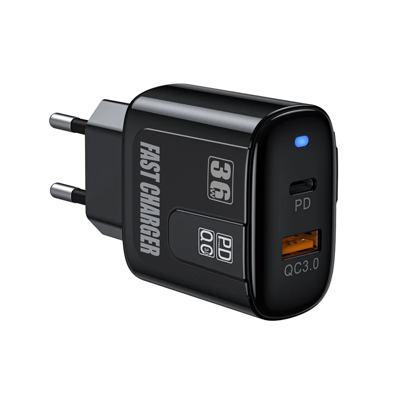 

KIVEE Quick Charger Adapter 36W Wall Pd QC 3.0 Fast Charger USB Charging Mobile Phone EU plug Charger, Black