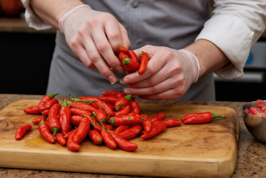 Chef safely handling hot chile peppers with gloves while preparing ingredients