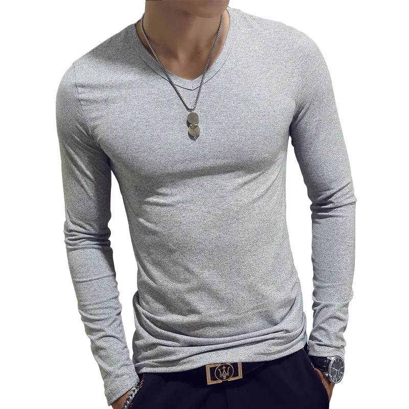 

autumn new Compression full long sleeve T-shirt for men slim V-neck solid bottom Shirt White casual gym blank simple t shirt, Customized color