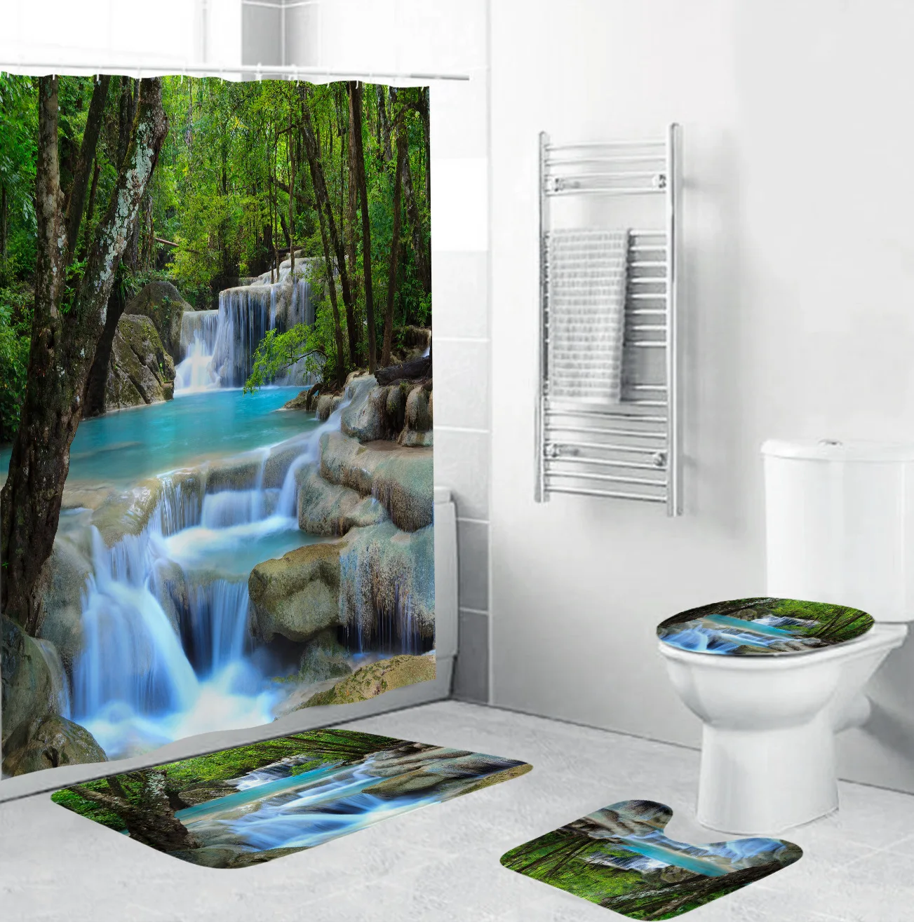 

High Quality Mildew Resistant Hotel Plastic Hooks Waterproof Polyester 3D Shower Curtain