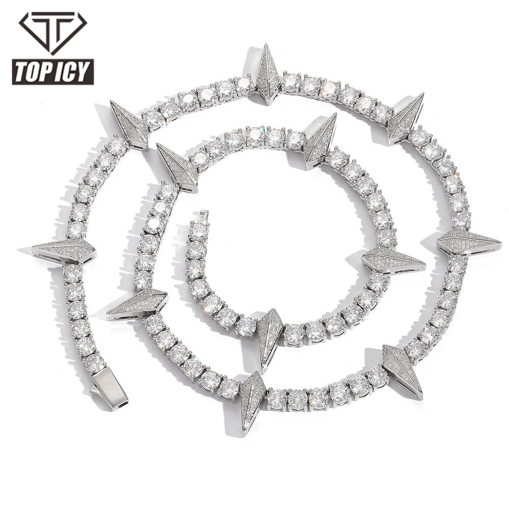 Top Icy 5mm Cubic Zirconia Tennis Chain Spring Clasp Luxury Man Hip Hop Necklace Bling Full Diamond Spike Tennis Necklace