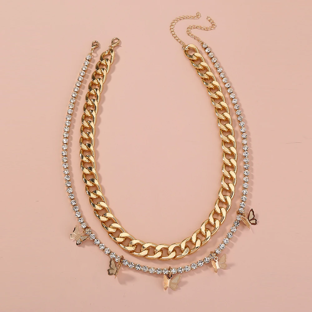

2020 Hip Hop Statement Diamond Crystal Chain Butterfly Layered Necklace Woman Jewelry