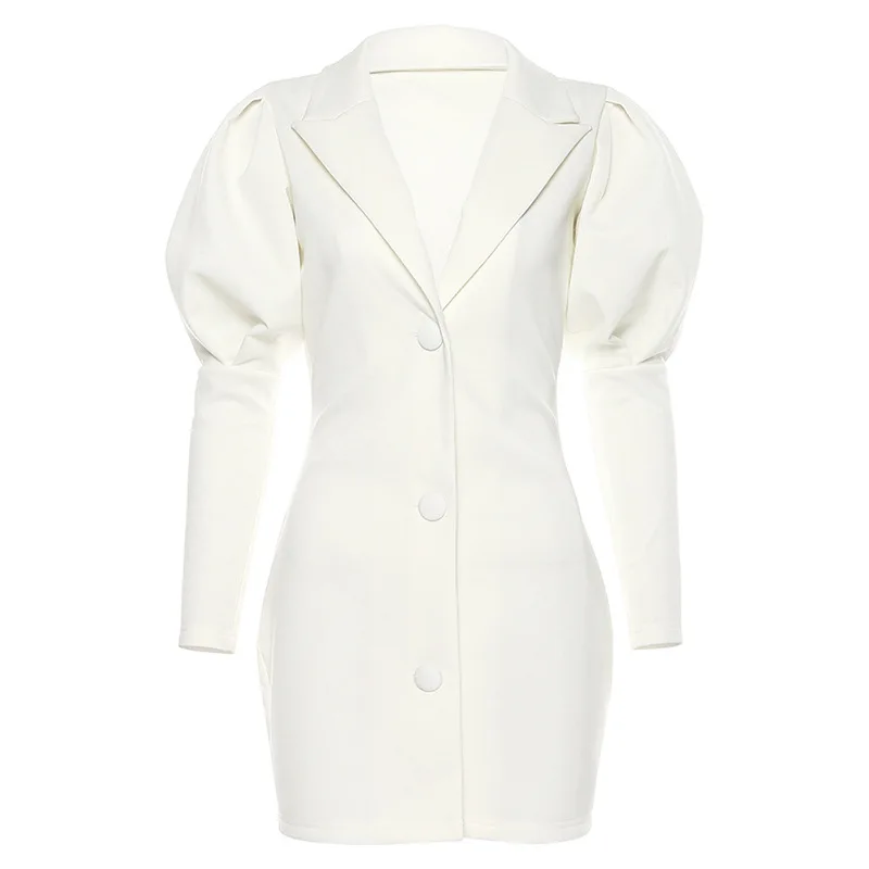 

2019 Newest Women's fancy slim fit deep V neckline puff sleeve white suit dress
