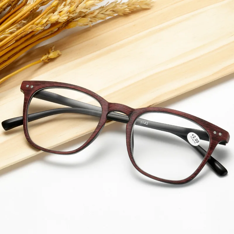 

New PC material Big front wood grain reading glasses with spring hinge temple for wholesale