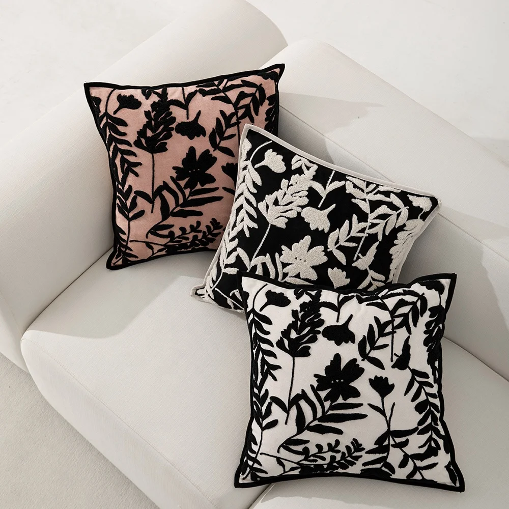 

Decorative home throw cushion cover black and red leaves pattern embroidered polyester sofa pillow covers 18x18