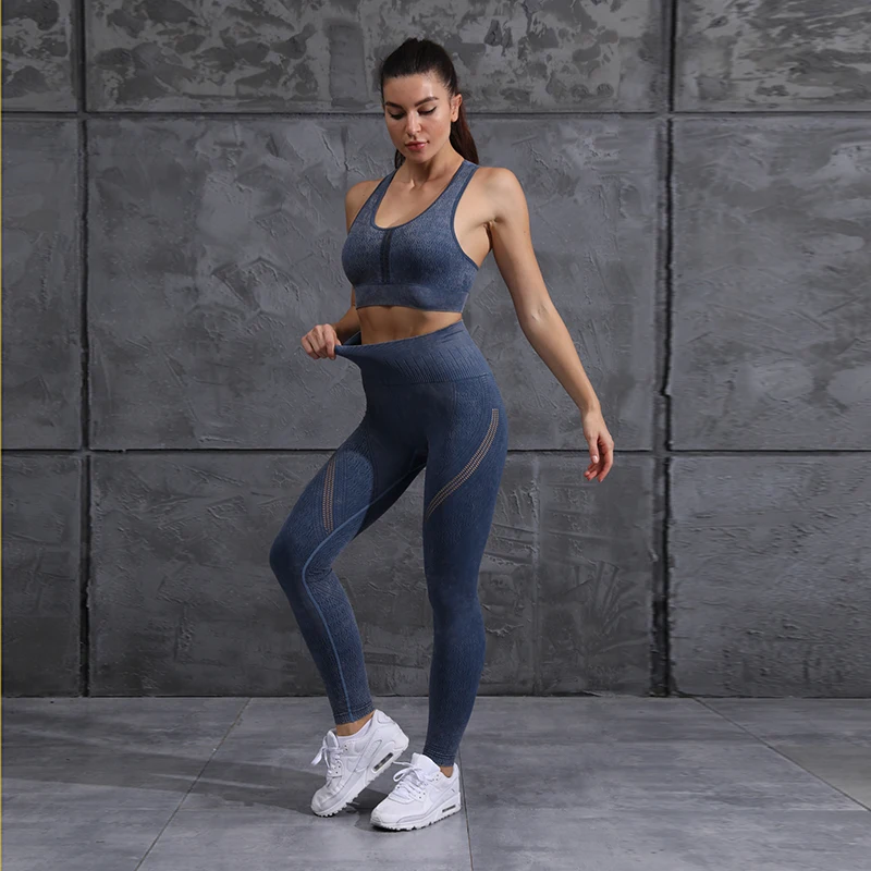 

New Arrival Women Acid Wash Seamless Fitness Yoga Wear Set Hollow Out Gym Active Wear Suit