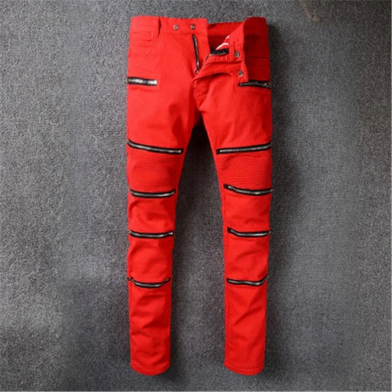 

Jhcentury Men's zipper jeans red jeans stretch biker pants, Customized color