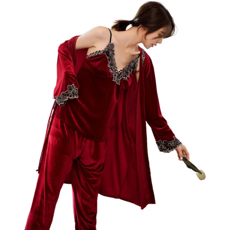 

Golden Velvet Pajamas Fall/winter New Suit Sexy Sling Three-piece Long Sleeve Plus Size Ladies' Home Clothes Can Be Worn Outside