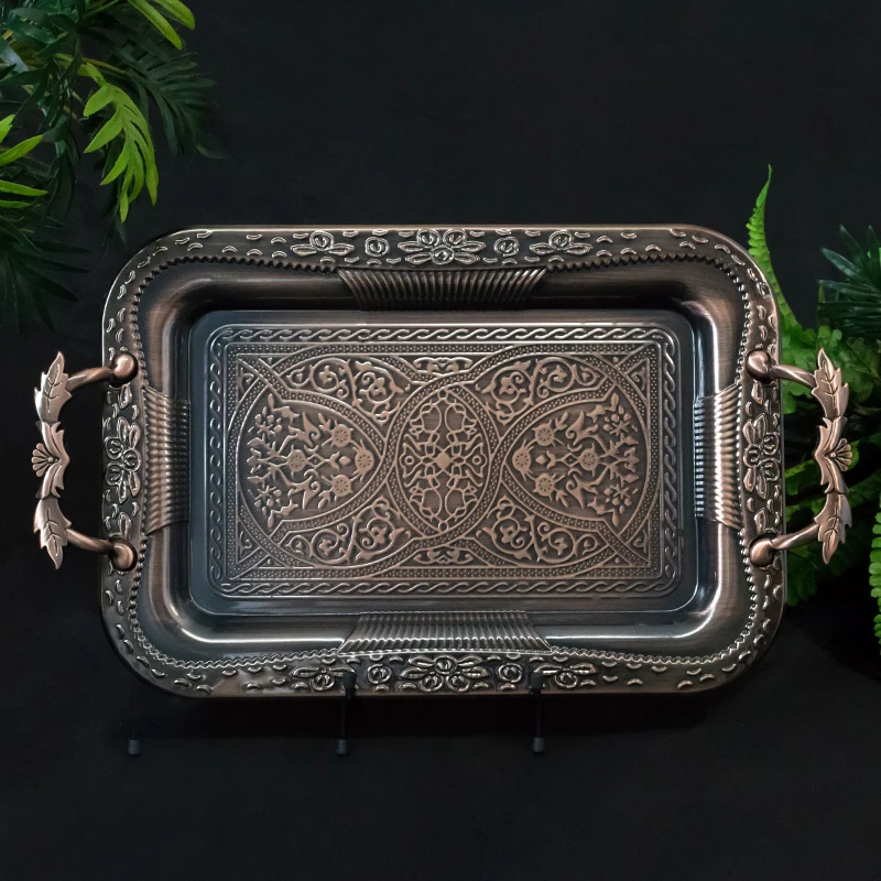 

Size 44x30.5cm Stainless Steel Decorative Serving Tray Copper Plating Fruit Tray Coffee Tray For Weddings