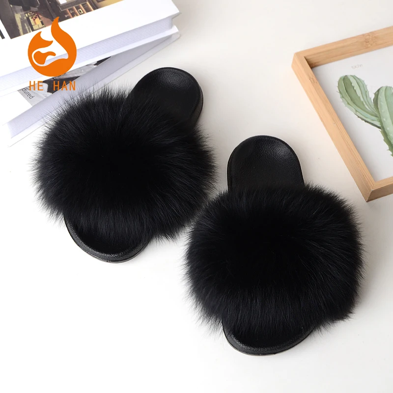 

women design summer flip-flops eva sole slides fox fur slippers