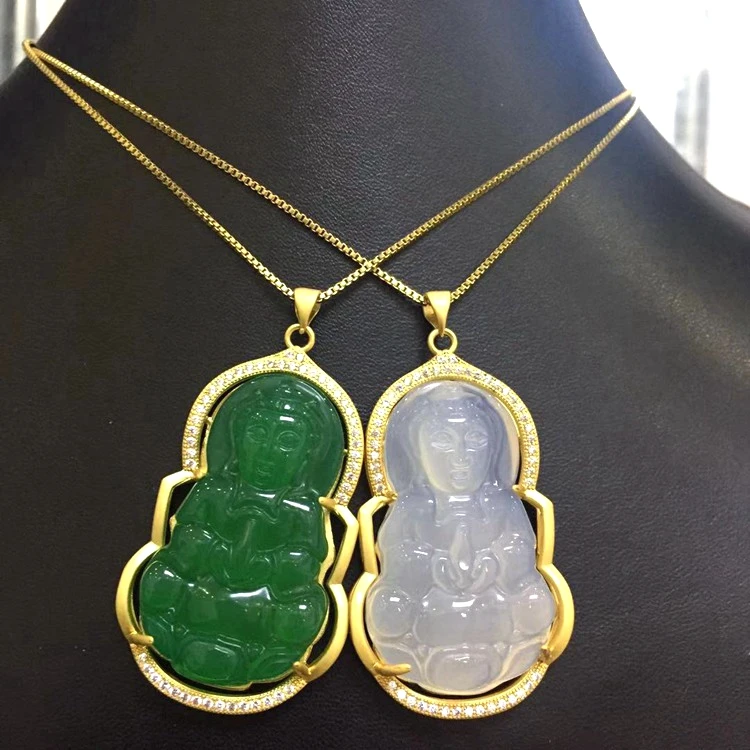 

2020 new styles wholesale Gold Green Laughing Women Buddha Jade Necklace