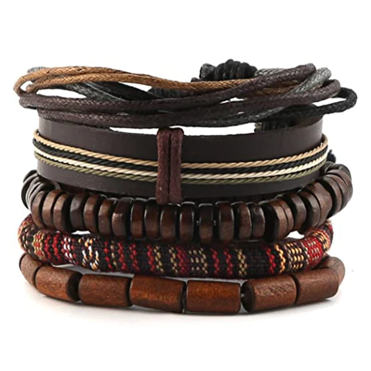 

Fashionable Wrap Bracelets Hemp Cords Wood Beads Ethnic Tribal Bracelets for Women and Men