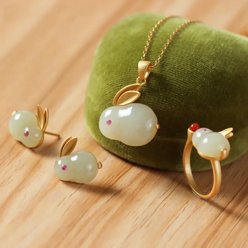 

Chinese Fashion Cute Hetian Jade Hare Stud Earrings Green Jade Rabbit Jewelry Set For Women Girls