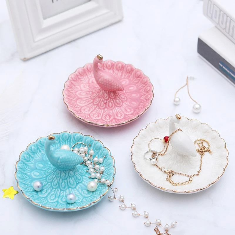 

Top Porcelain Peacock Design Animal Shaped Ceramic Ring Holder Trinket Jewelry Tray With Gold Rim For Girl Women Birthday Gifts, Varied