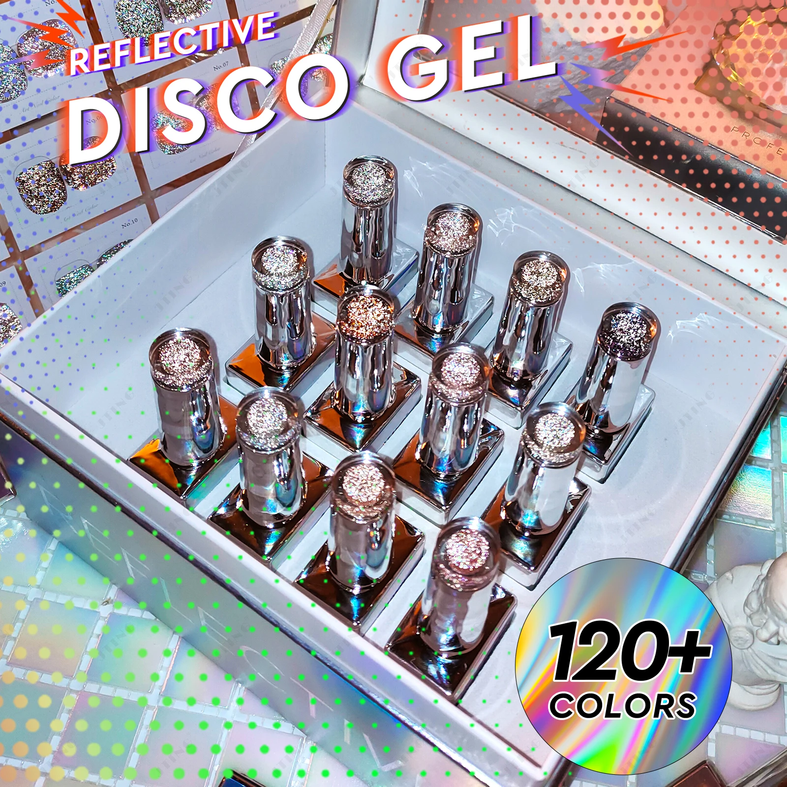 

JTING Super Popular 12colors reflective disco gel polish collection Unique Laser set box OEM gel nail polish supplies