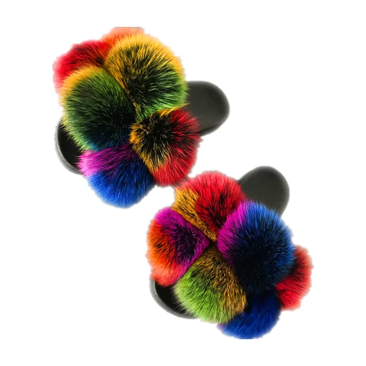 

2021 Wholesale 1 pair Popular Furry Slipper Pom Pom Racoon Real Fox Fur Slides Slippers It can be purchased directly