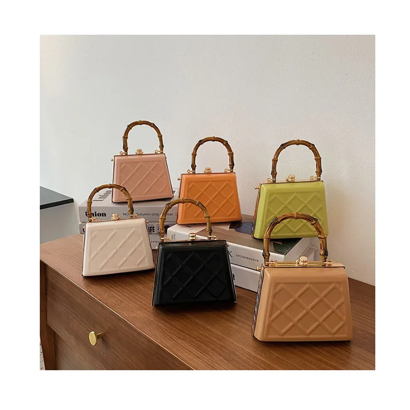 

Bamboo Handle Handbag Women Famous Brand Quilted Design Frame Small Shoulder Purse Pu Leather Wide Strap Female Crossbody Bag