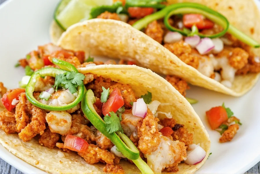 Grilled fish tacos served on a wooden tray with garnishes